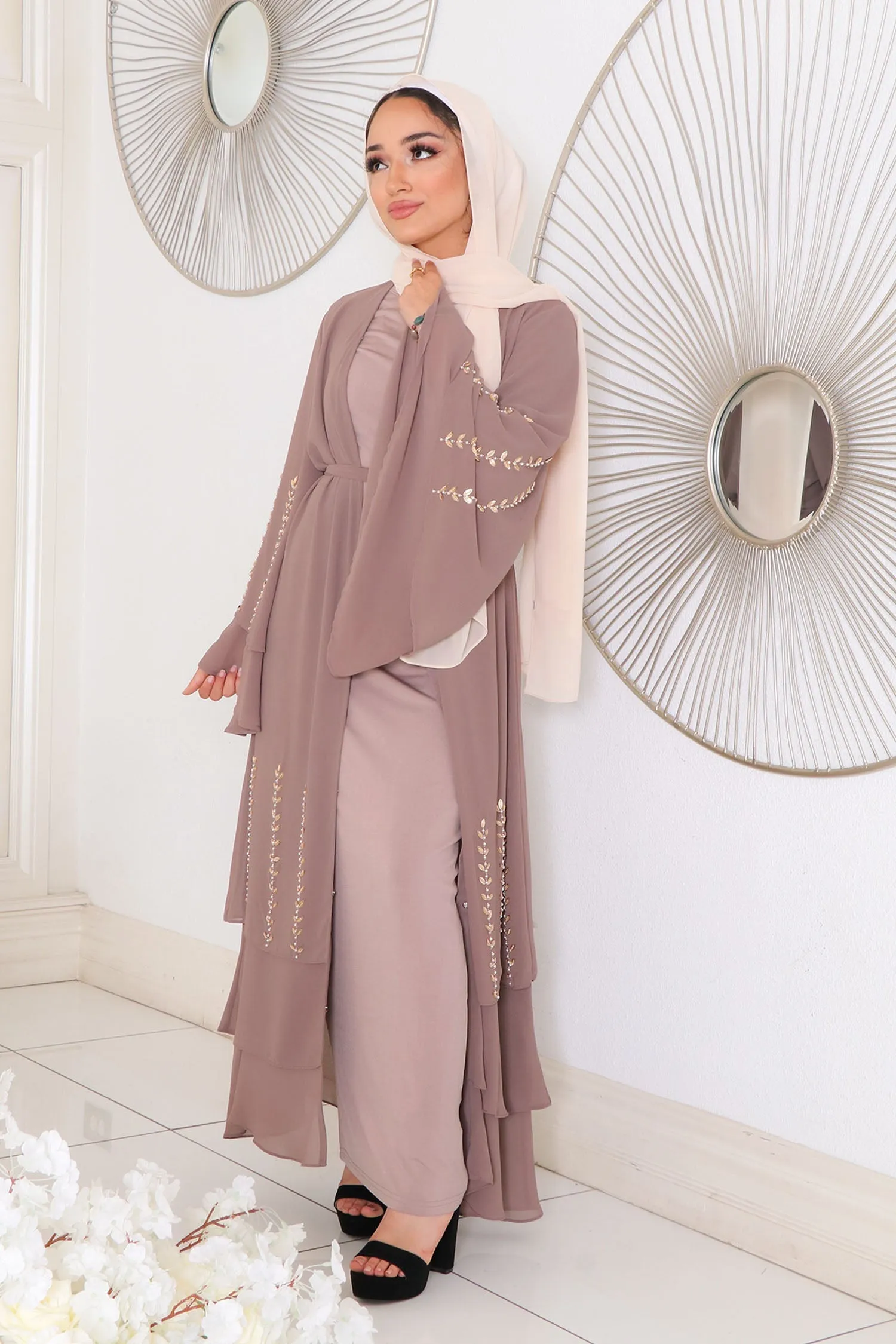 Amor Chiffon Layered Abaya- Taupe