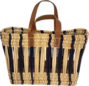 Beige Decorative Reed Basket, Indigo Stripe Straw Bag