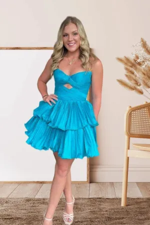 Blue Pleated A-line Short Dress with Keyhole
