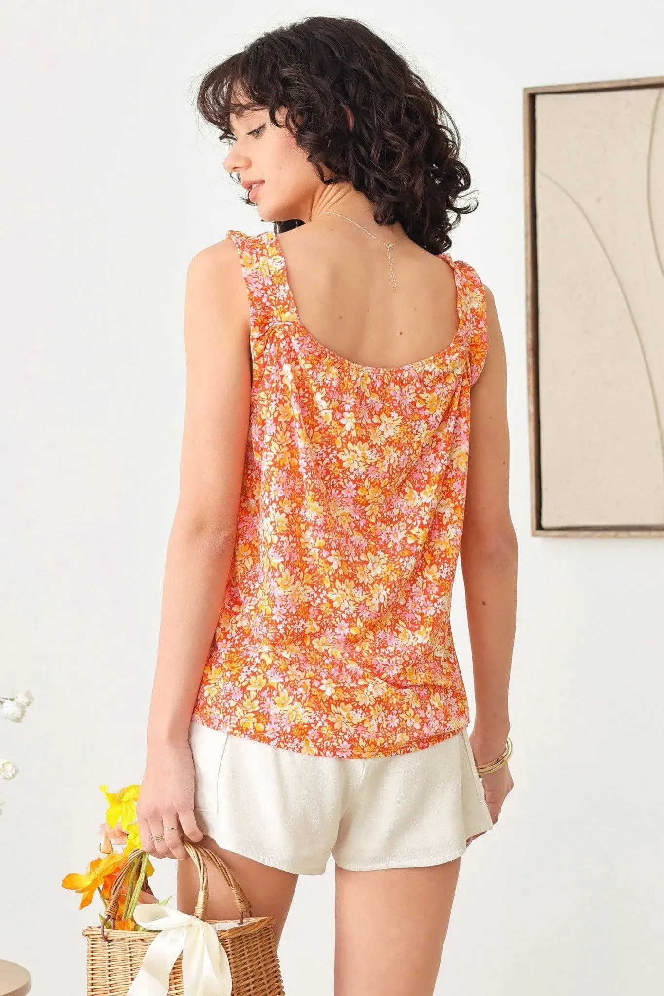 Boho Floral Print Sleeveless Ruffle Sleeve Top