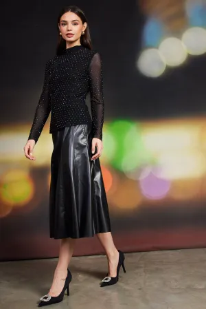 Embellished Mesh Mock Neck Top