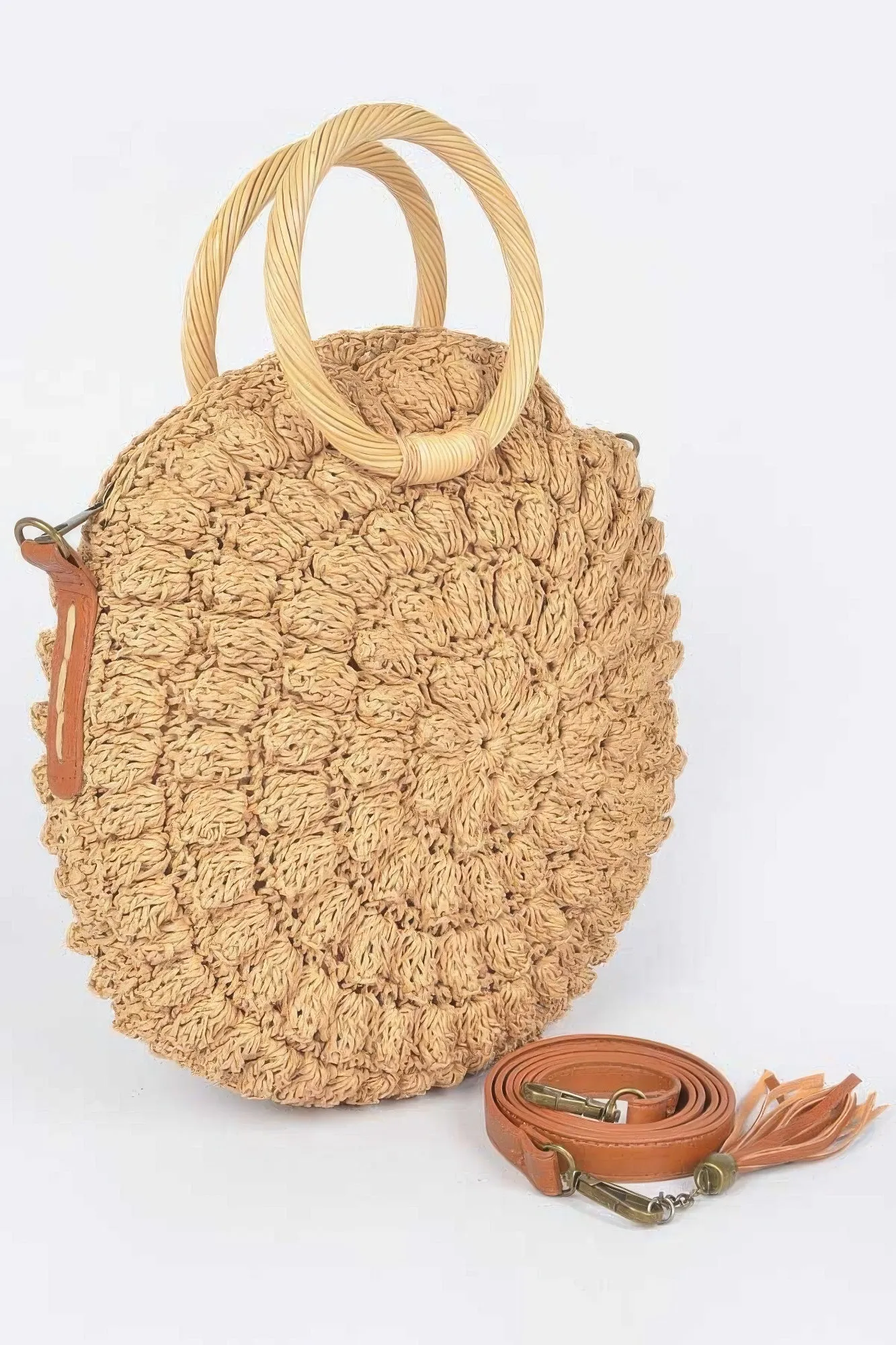 Faux Straw Round Wood Handle Bag