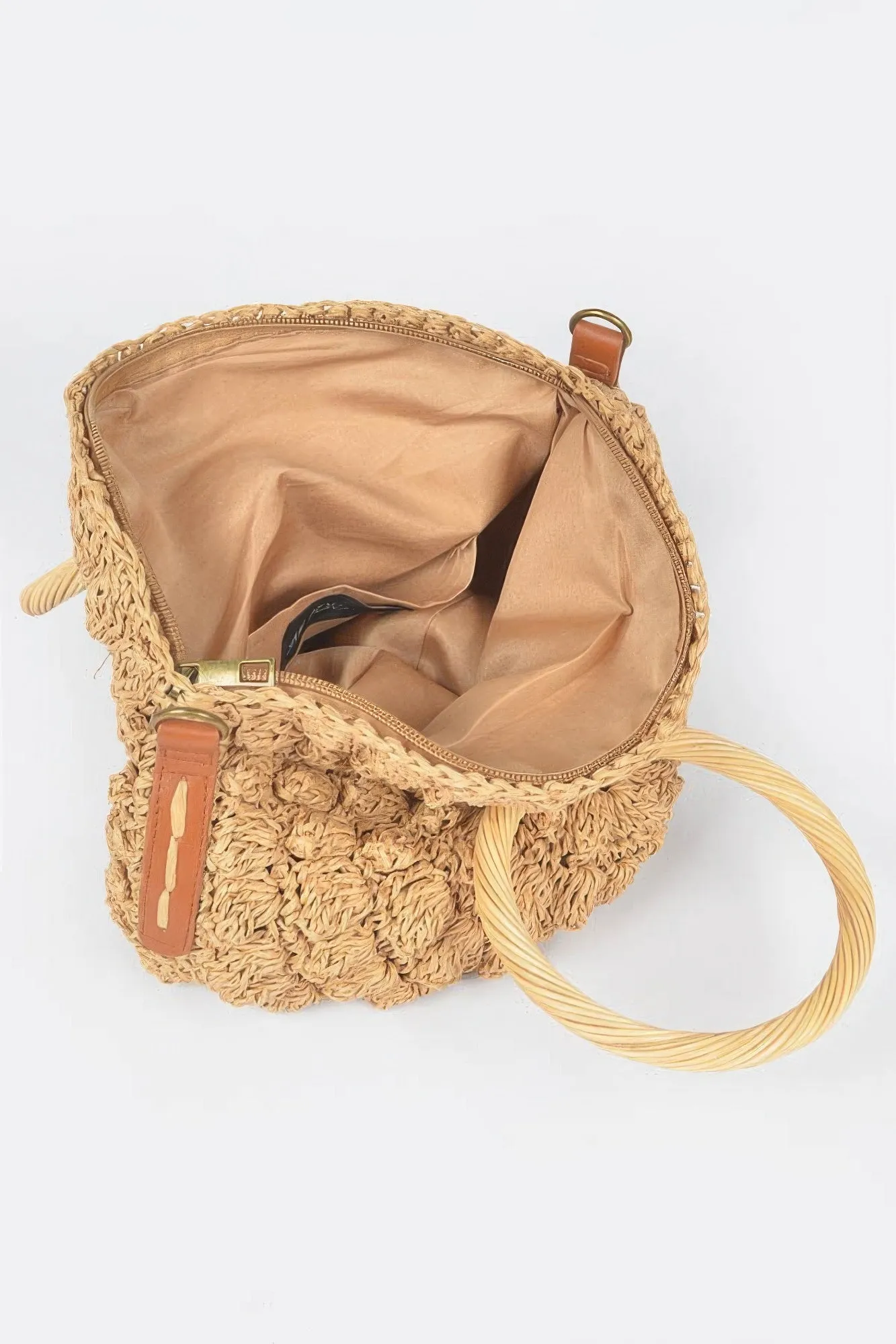 Faux Straw Round Wood Handle Bag