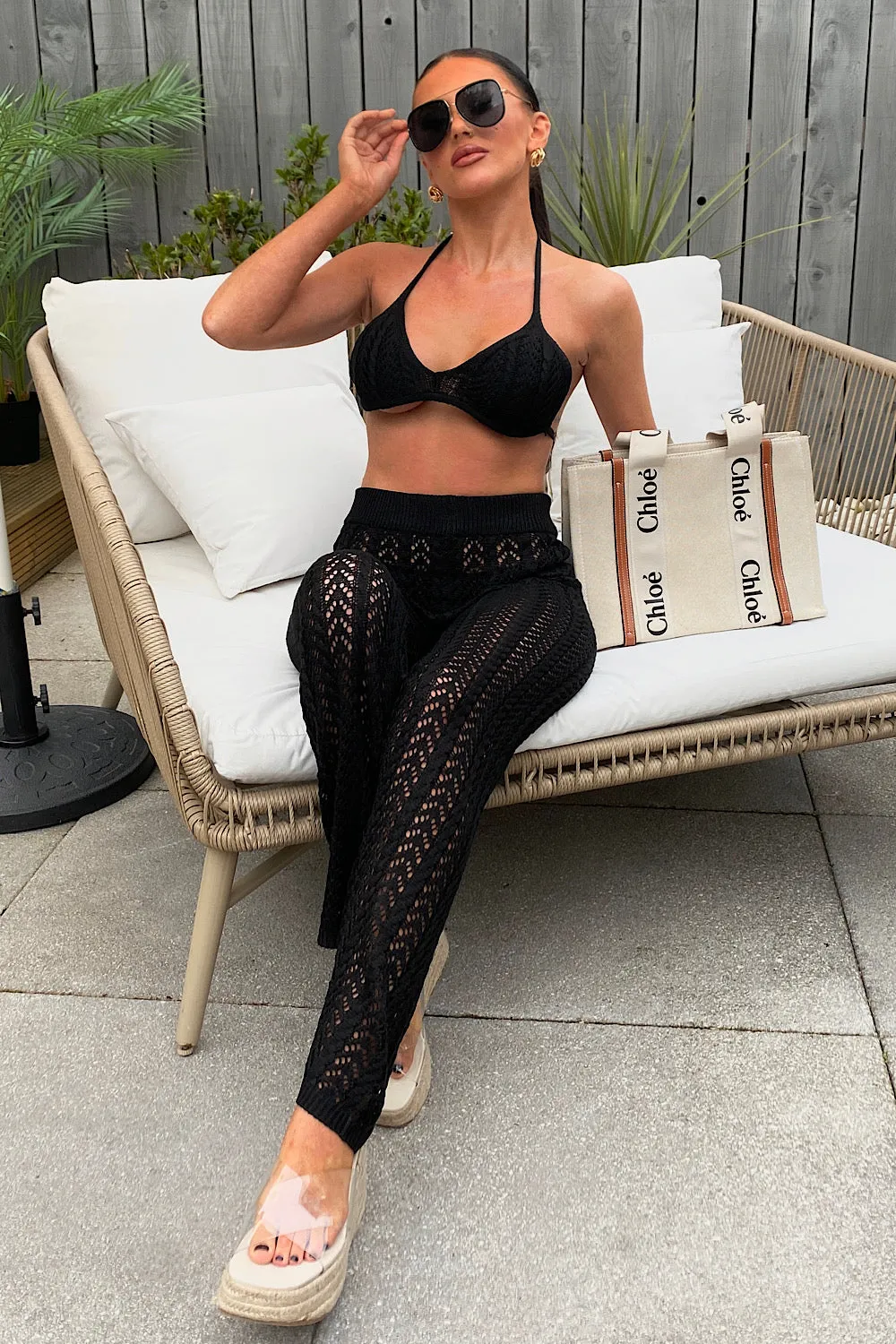 Kayda Black Crochet Trouser Set