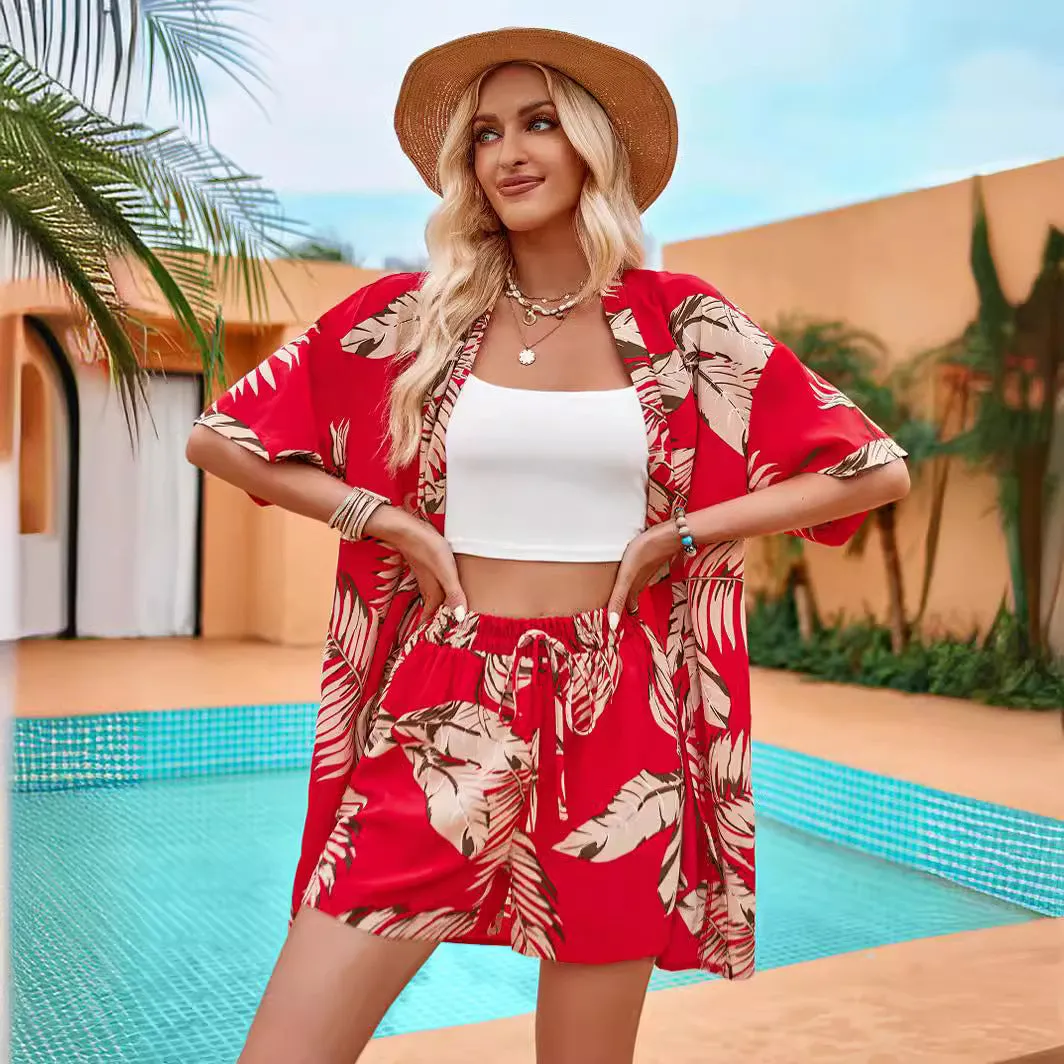 Leafy Print Casual Short Sleeve Shirt Top And Drawstring Shorts