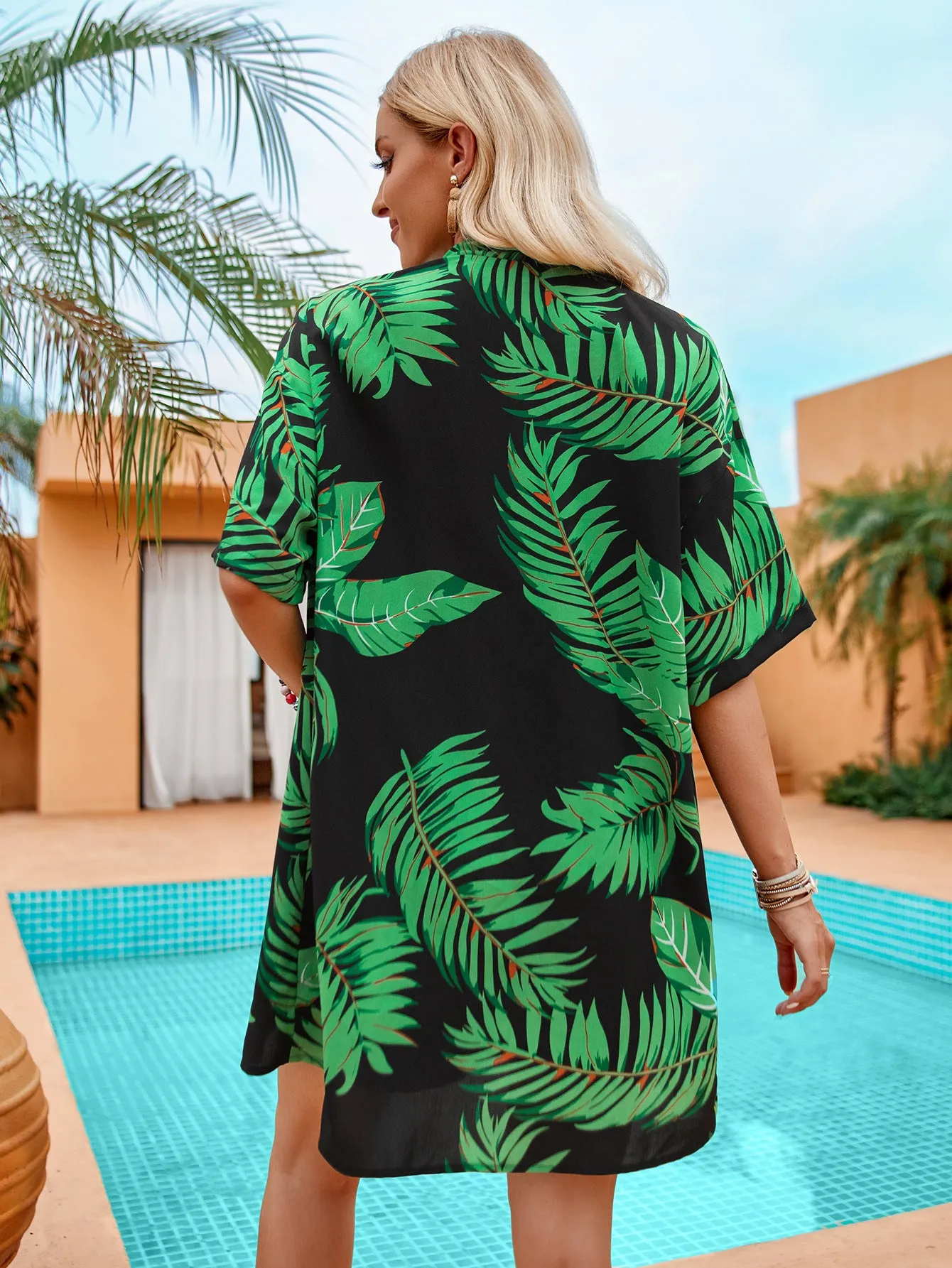 Leafy Print Casual Short Sleeve Shirt Top And Drawstring Shorts