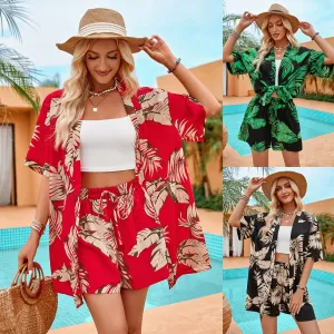 Leafy Print Casual Short Sleeve Shirt Top And Drawstring Shorts