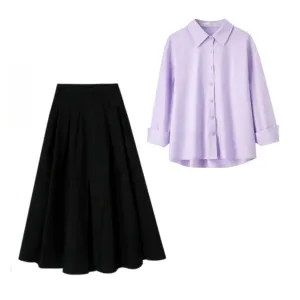 Lilac button down shirt with skirt