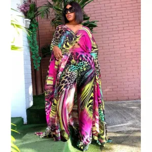 LONG Summer Animal African Chiffon Kimono Kaftan Two Piece Pant Set