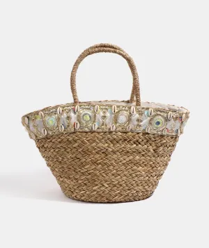 Natural Floral Sequin Embellished Straw Beach Basket
