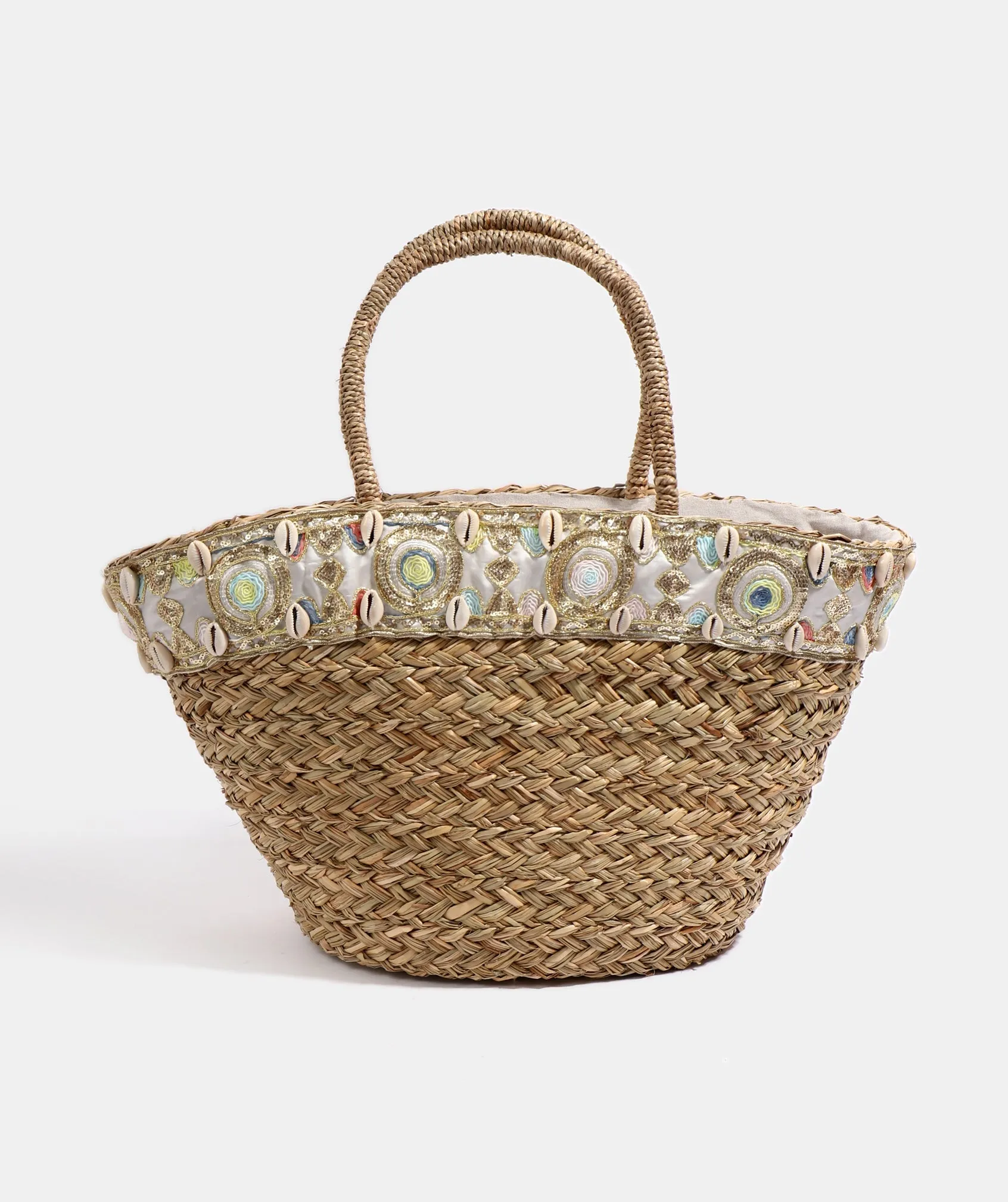 Natural Floral Sequin Embellished Straw Beach Basket