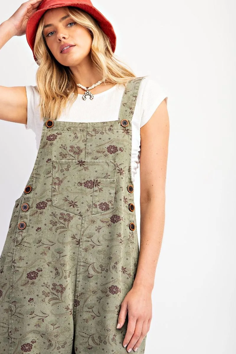 Olive Floral Overalls