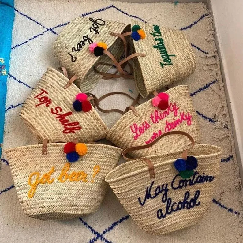 Personalized Straw Moroccan Basket,Bridal Shower Bags,Customized Straw Bags,Custom Beach Bag,Straw Tote,Embroidered Bags