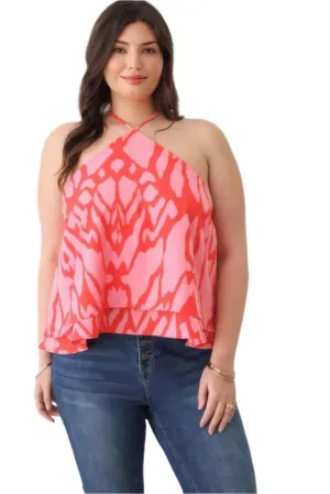 Plus Size Abstract Print Halter Ruffle Hem Top