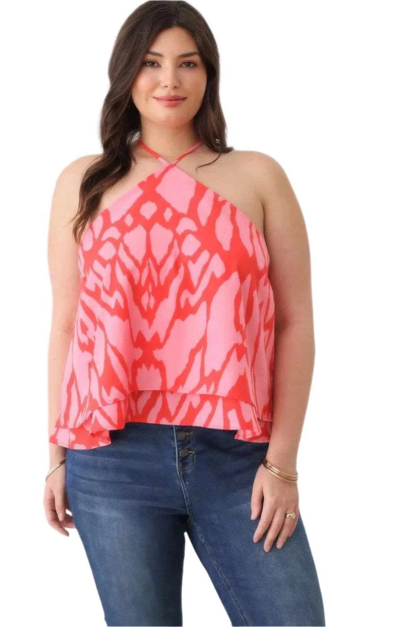 Plus Size Abstract Print Halter Ruffle Hem Top