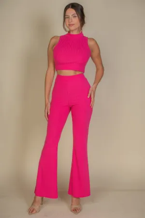 Ribbed Mock Neck Crop Tank Top & Bootcut Pants Set